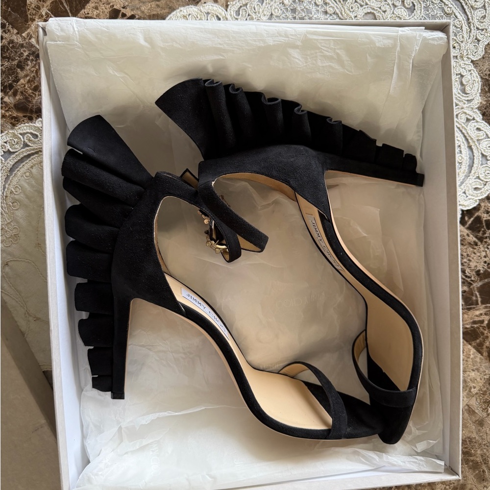 Jimmy Choo Black Suede Wingback Ankle-Strap Heels - Picture 14 of 15